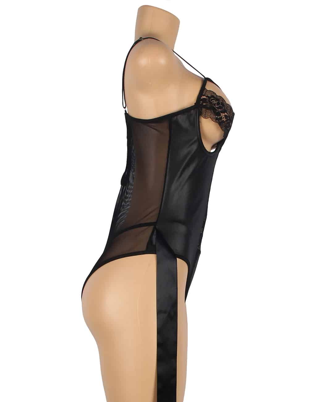 Sexy Black Leather Hollow Out Underwire Bra Design Teddy Lingerie - Image 8
