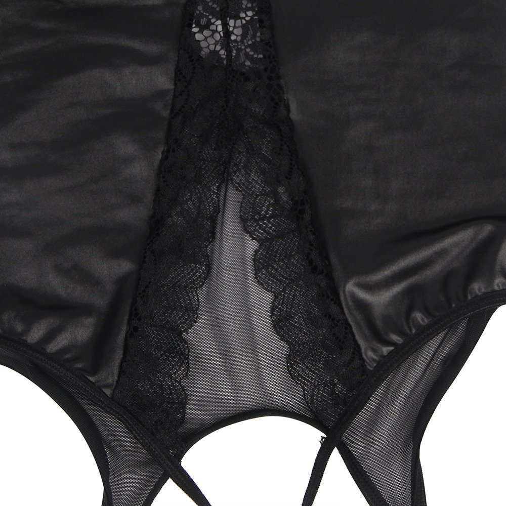 Sexy Black Leather Hollow Out Underwire Bra Design Teddy Lingerie - Image 12