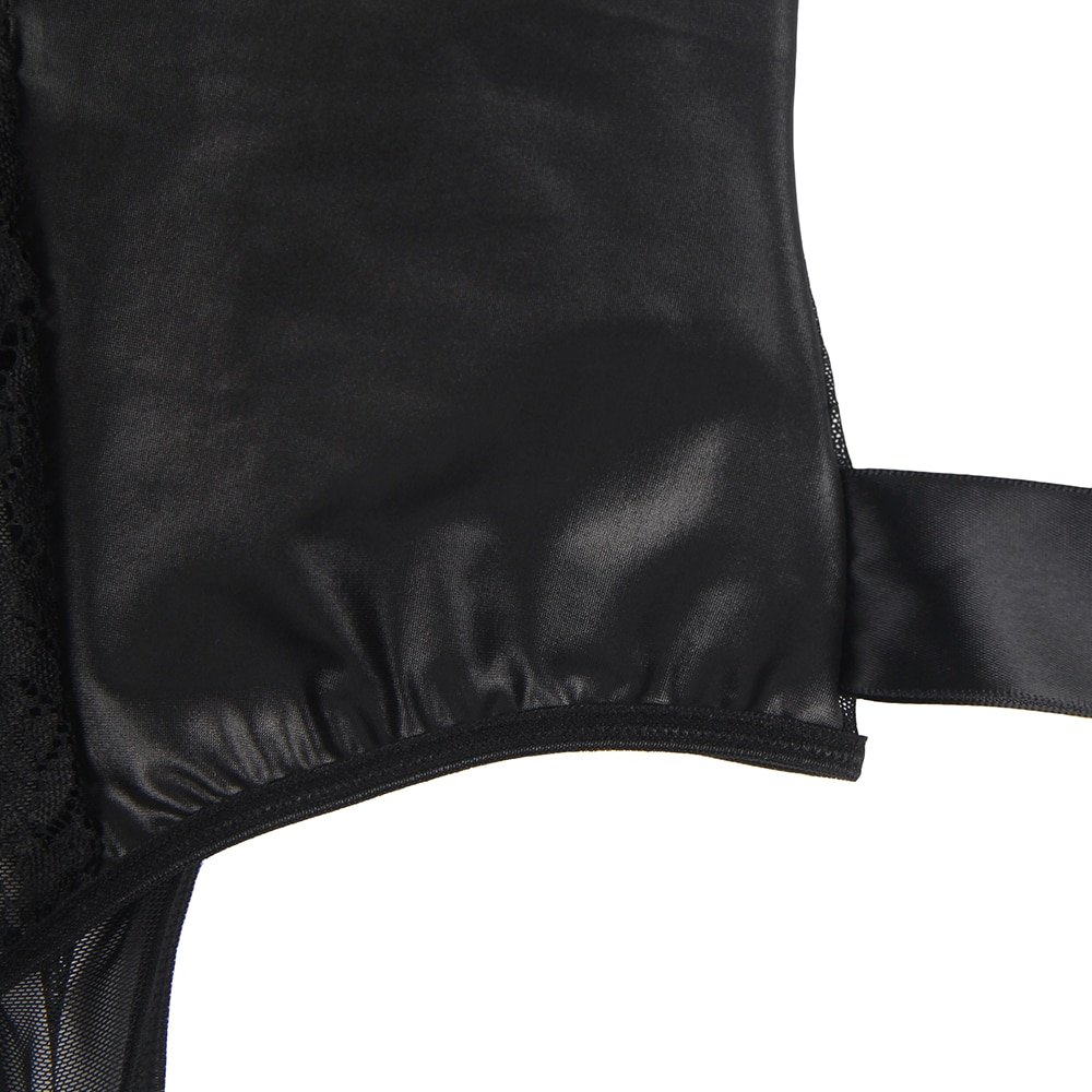 Sexy Black Leather Hollow Out Underwire Bra Design Teddy Lingerie - Image 13