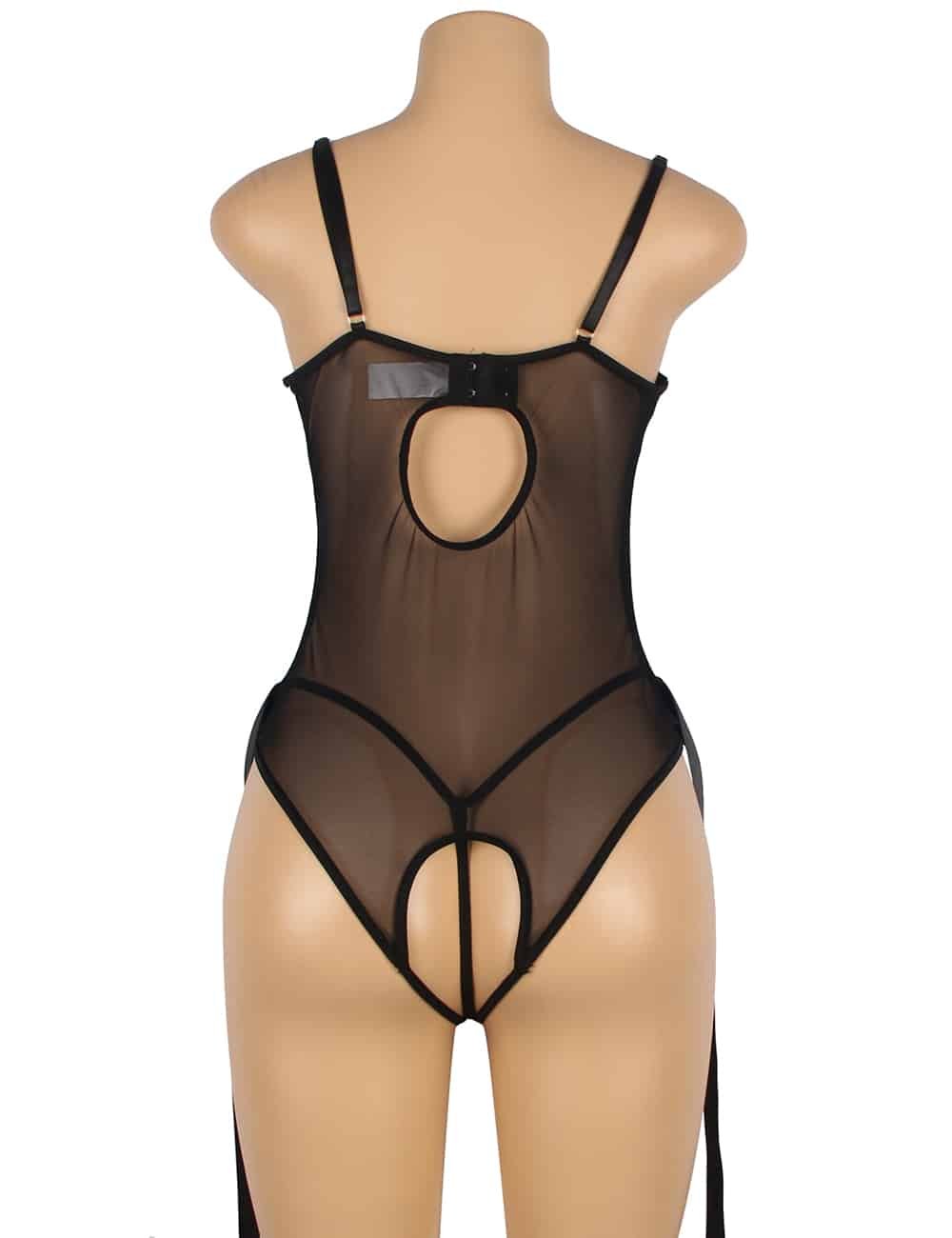 Sexy Black Leather Hollow Out Underwire Bra Design Teddy Lingerie - Image 9