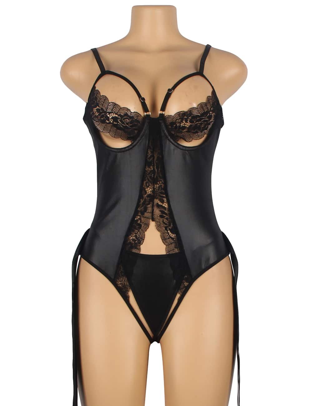 Sexy Black Leather Hollow Out Underwire Bra Design Teddy Lingerie - Image 6