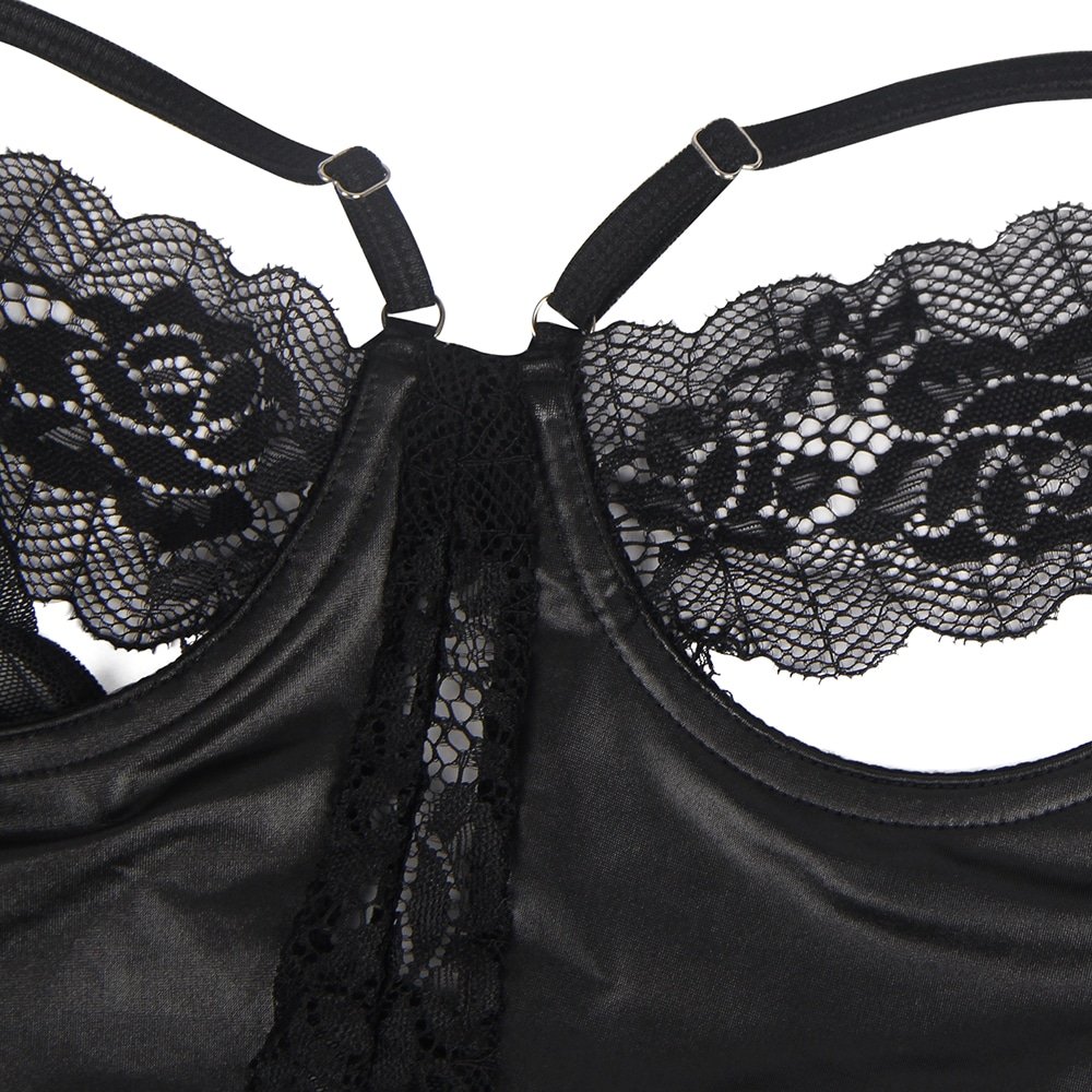 Sexy Black Leather Hollow Out Underwire Bra Design Teddy Lingerie - Image 11