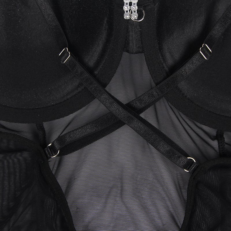 One-piece Black Mesh Underwire Bodysuit with Diamond Belt - Image 8