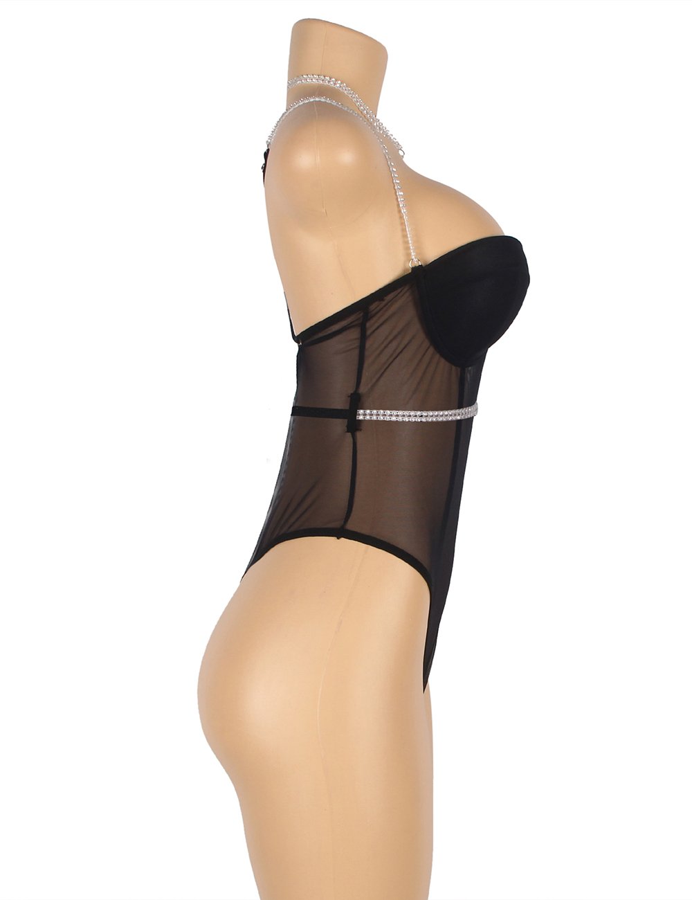One-piece Black Mesh Underwire Bodysuit with Diamond Belt - Image 5
