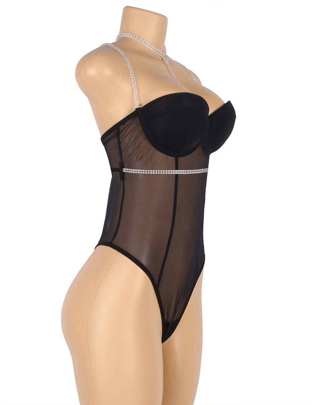 One-piece Black Mesh Underwire Bodysuit with Diamond Belt - Image 4