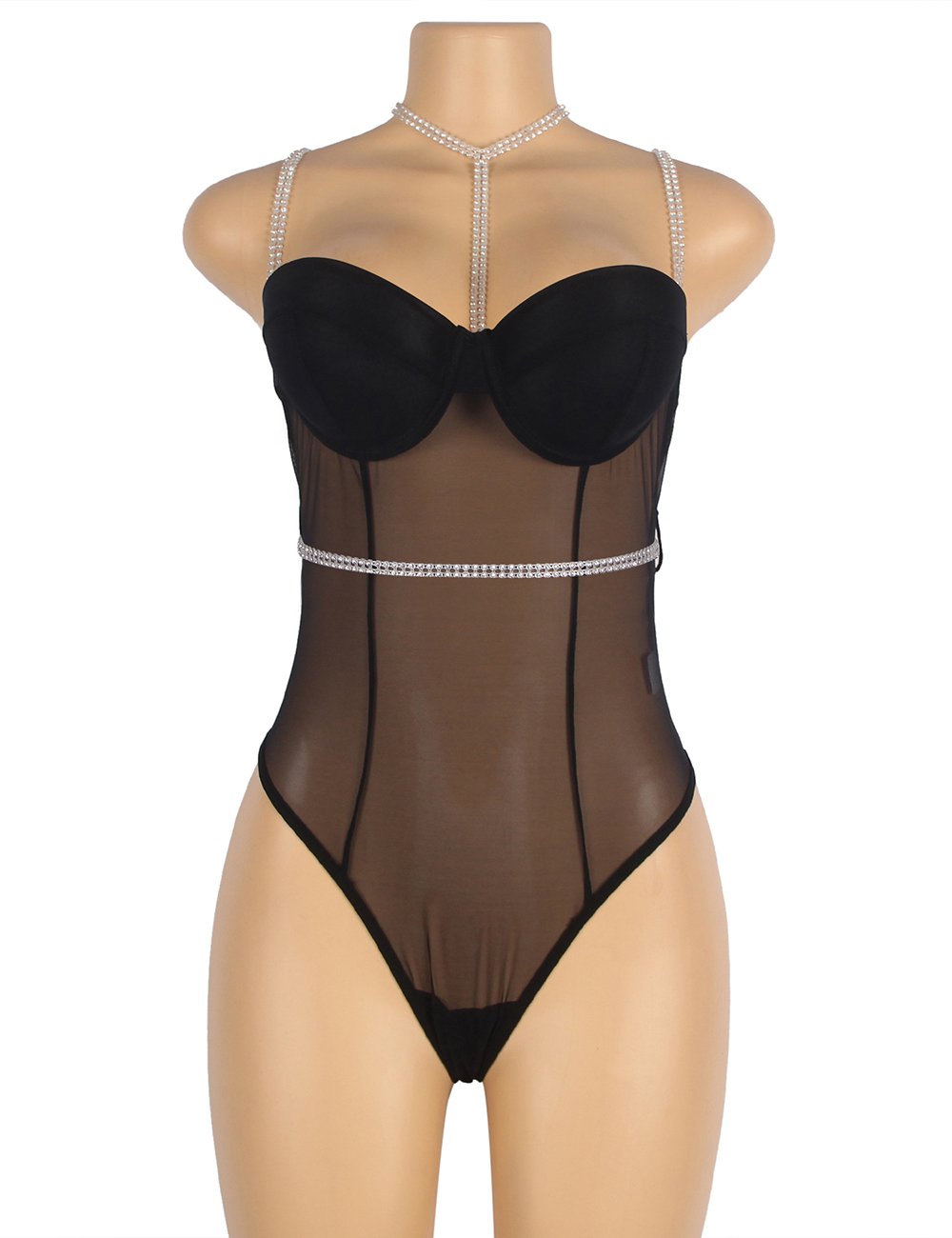One-piece Black Mesh Underwire Bodysuit with Diamond Belt - Image 3