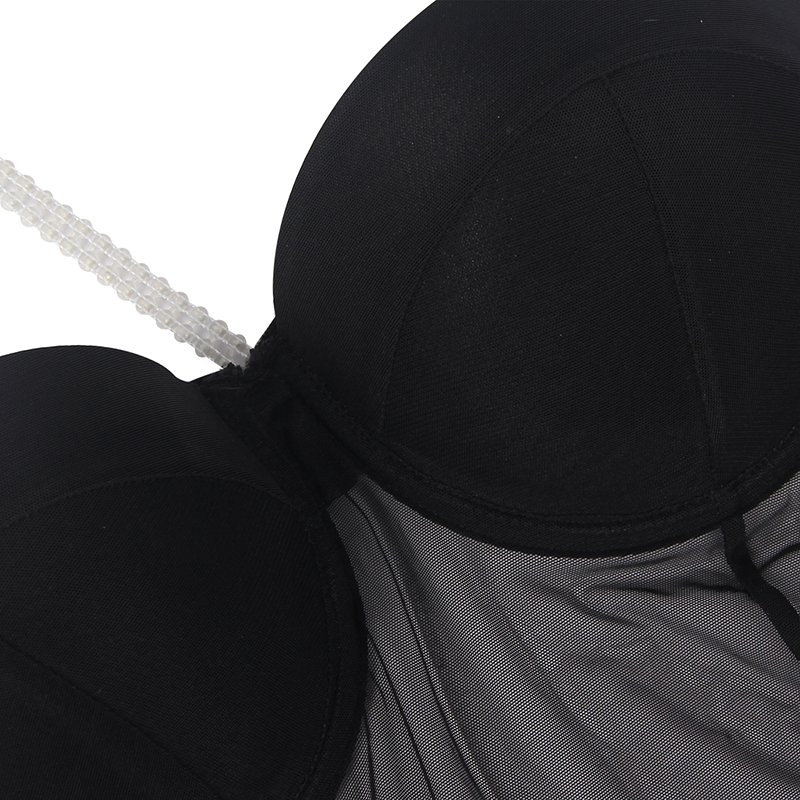 One-piece Black Mesh Underwire Bodysuit with Diamond Belt - Image 10