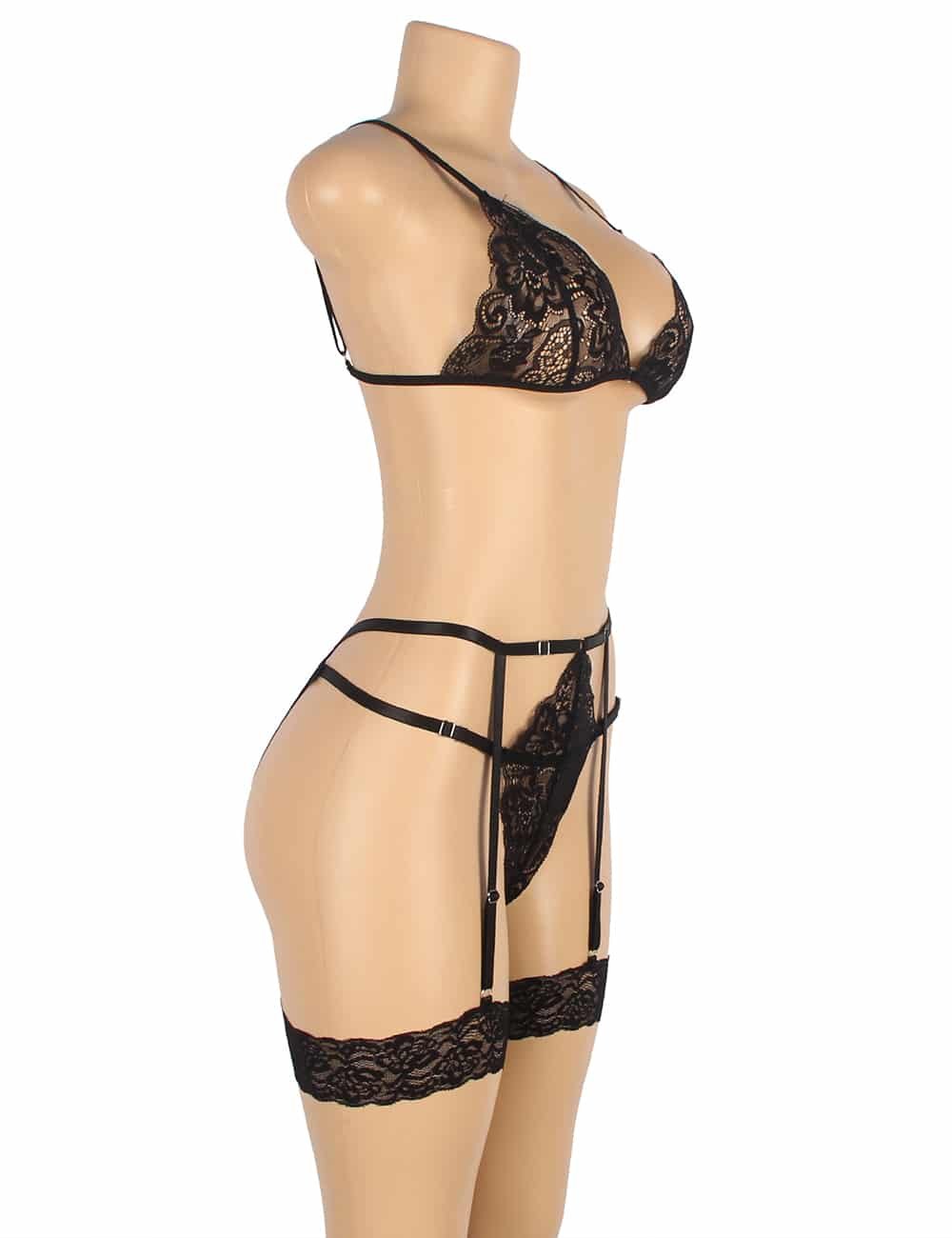 Black Lace Hollow Out Design Garter Belt Leg Ring Bra Set - Image 2