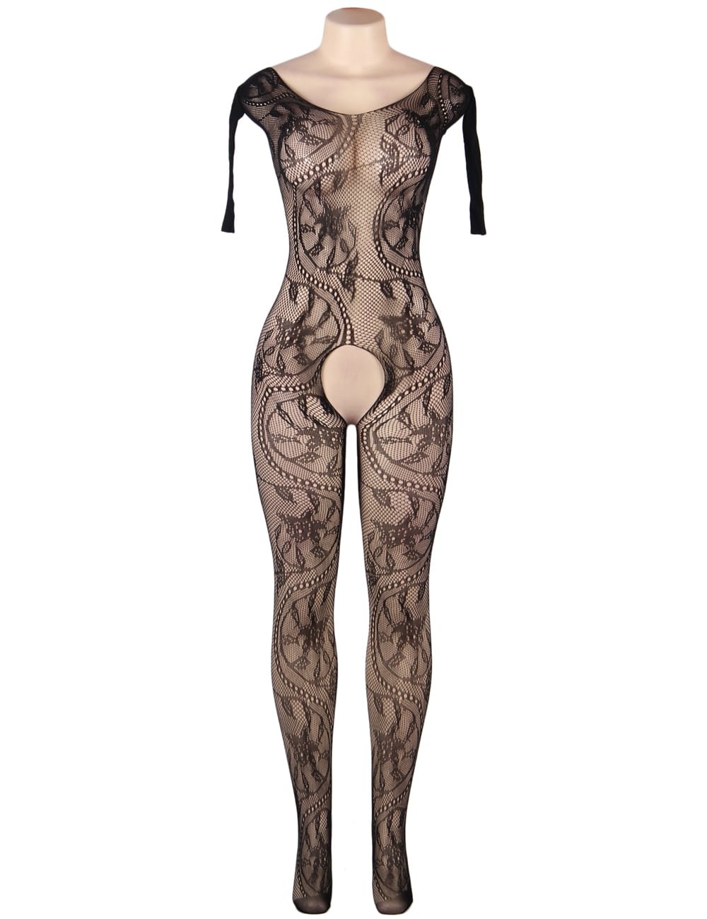 Fishnet & Lace Crotchless Floral Black Bodystockings - Image 2