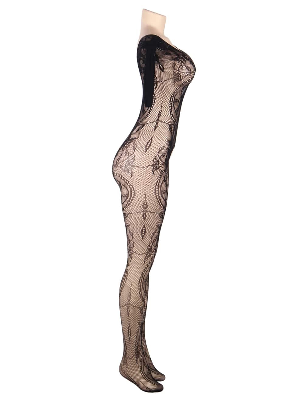 Fishnet & Lace Crotchless Floral Black Bodystockings - Image 4