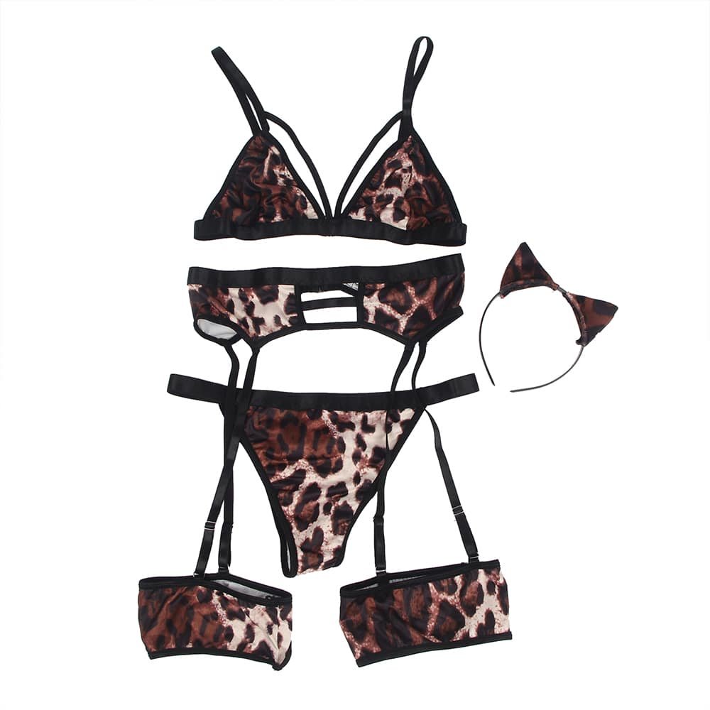 Leopard Print Sexy Head Wear Garter Bra Set - Image 11