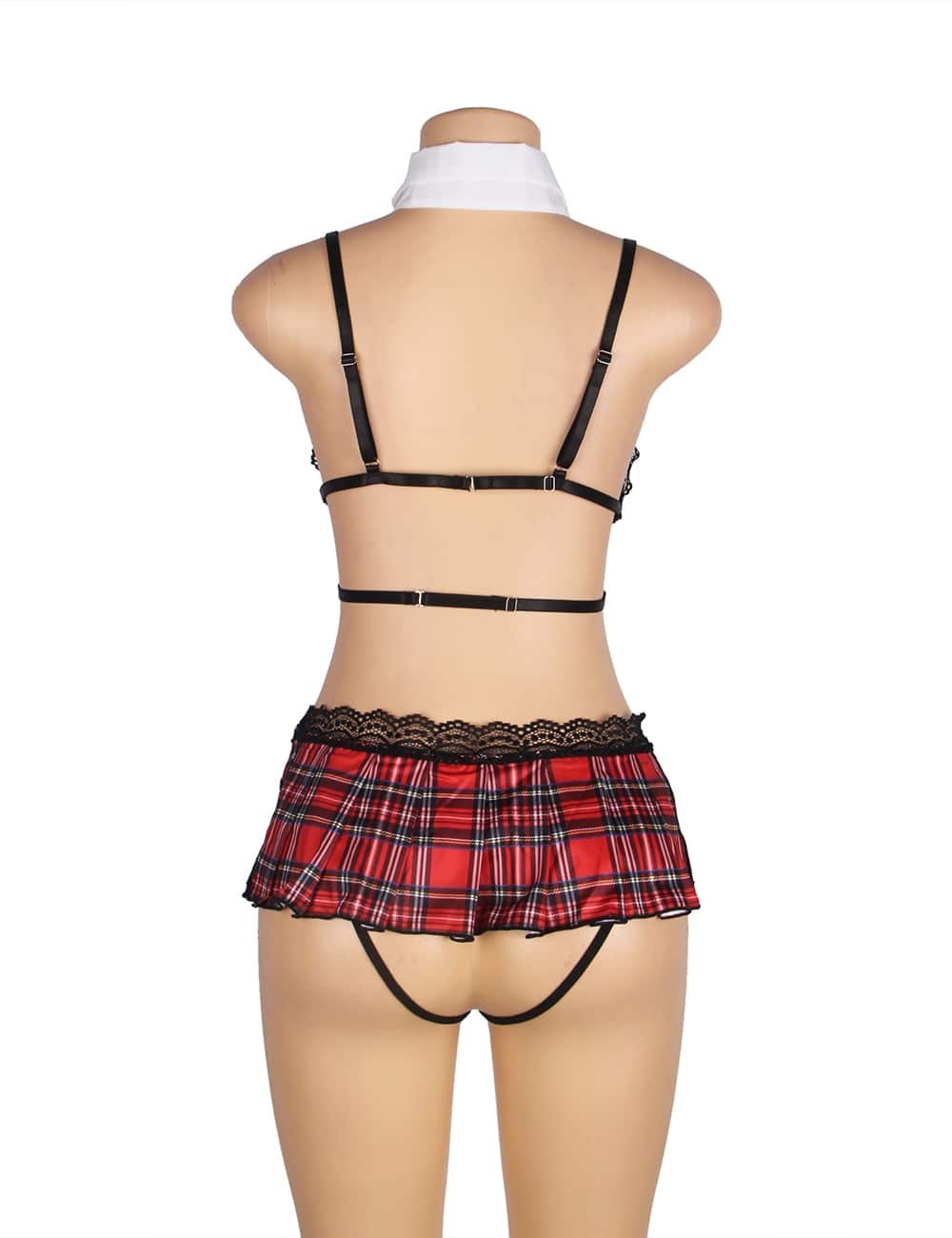 Sexy Red Plaid Bra Set College Style Cosplay Suit - Image 9