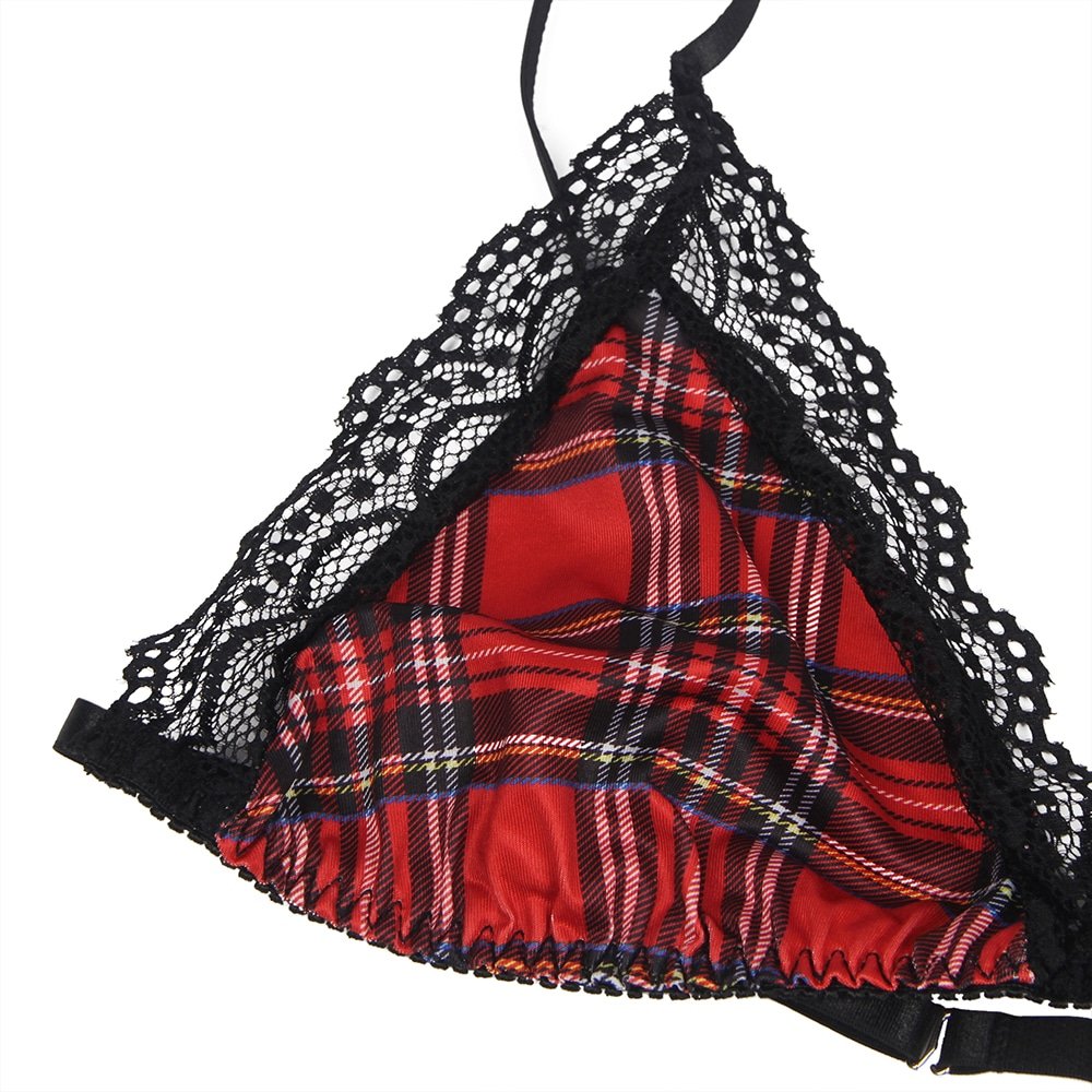 Sexy Red Plaid Bra Set College Style Cosplay Suit - Image 11