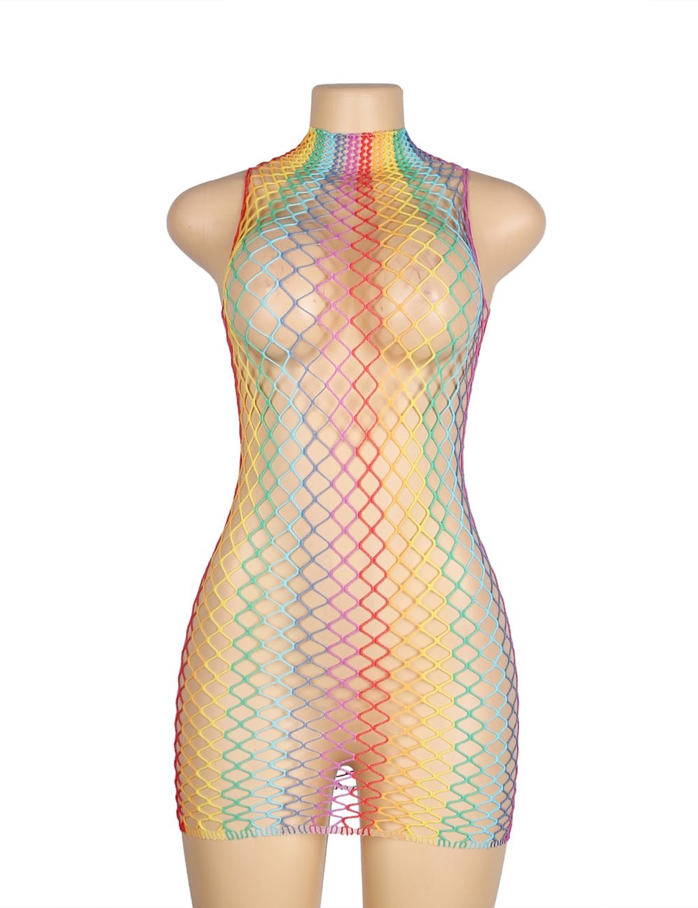 Rainbow Colorful High Collar Sleeveless Fishnet Bodystocking - Image 8