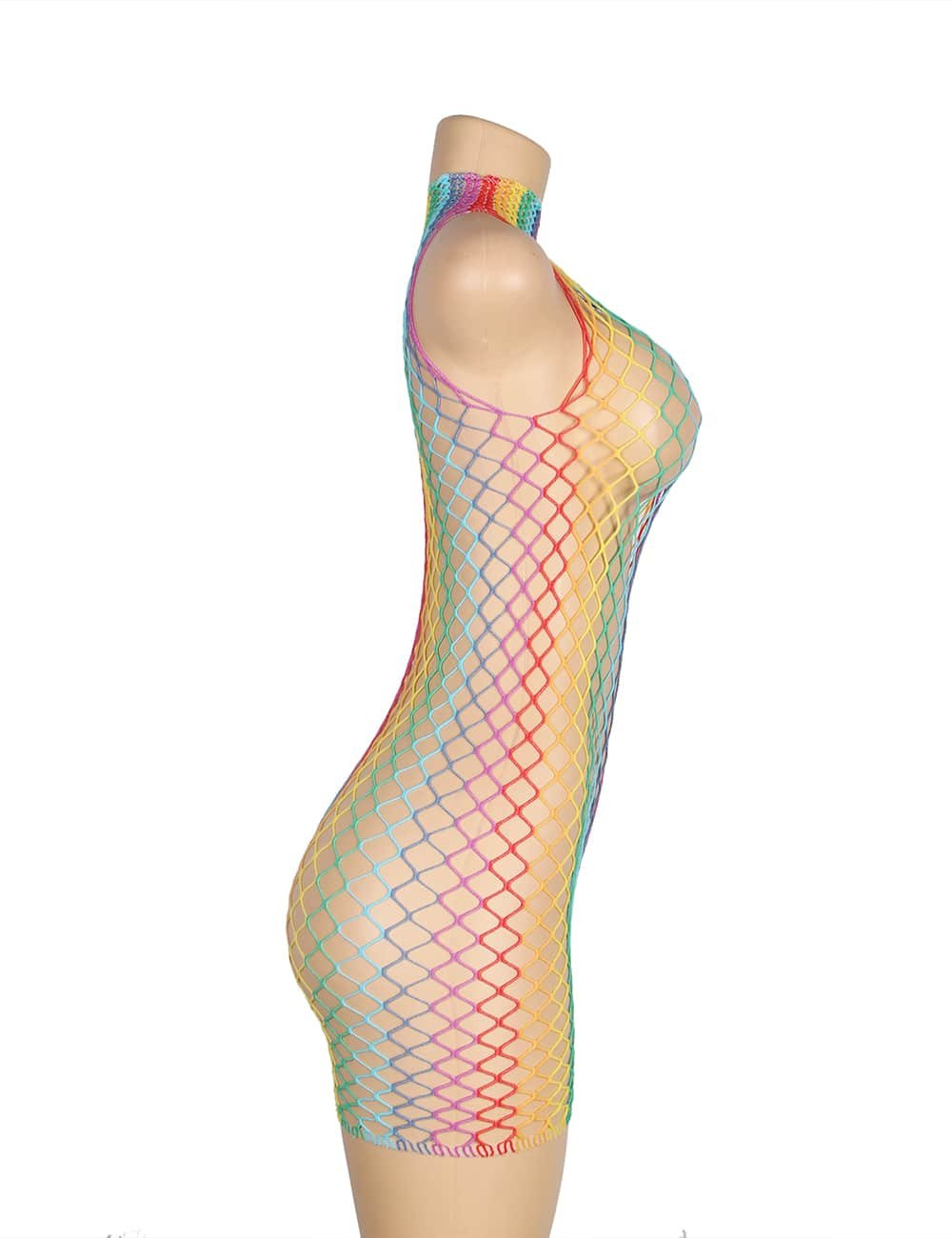 Rainbow Colorful High Collar Sleeveless Fishnet Bodystocking - Image 10