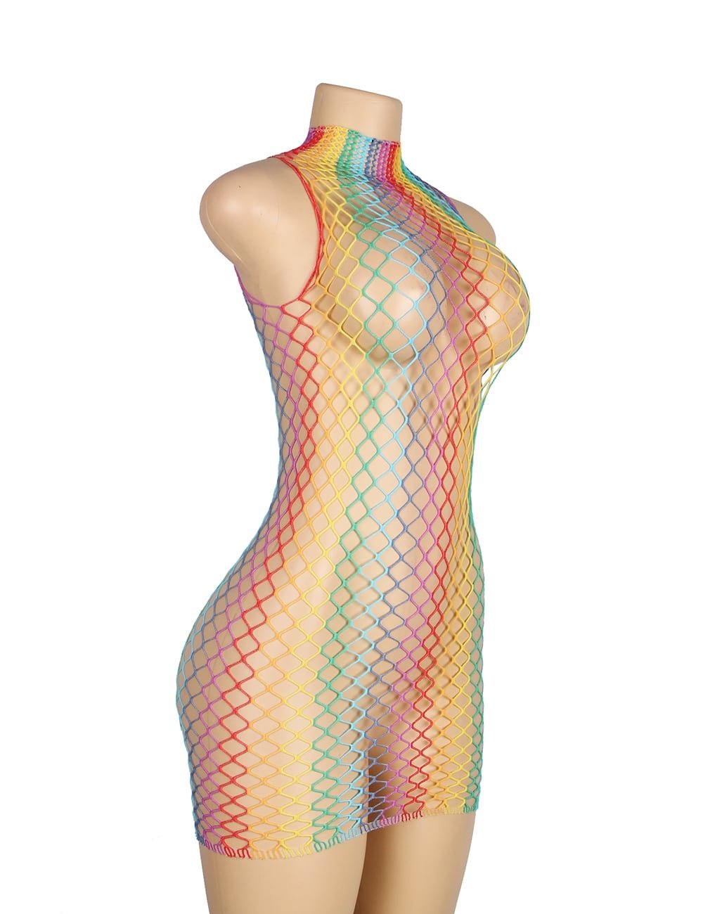 Rainbow Colorful High Collar Sleeveless Fishnet Bodystocking - Image 9
