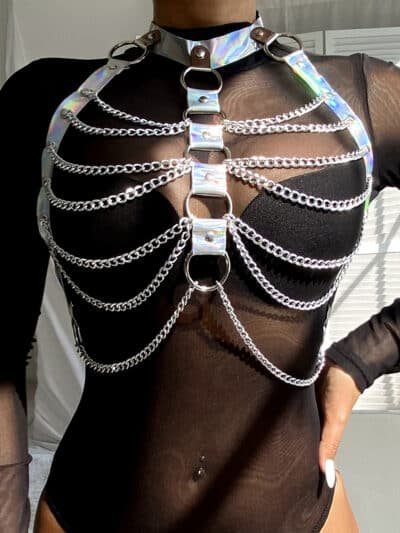 Silver Leather Chest Harness Straps Bras Chain