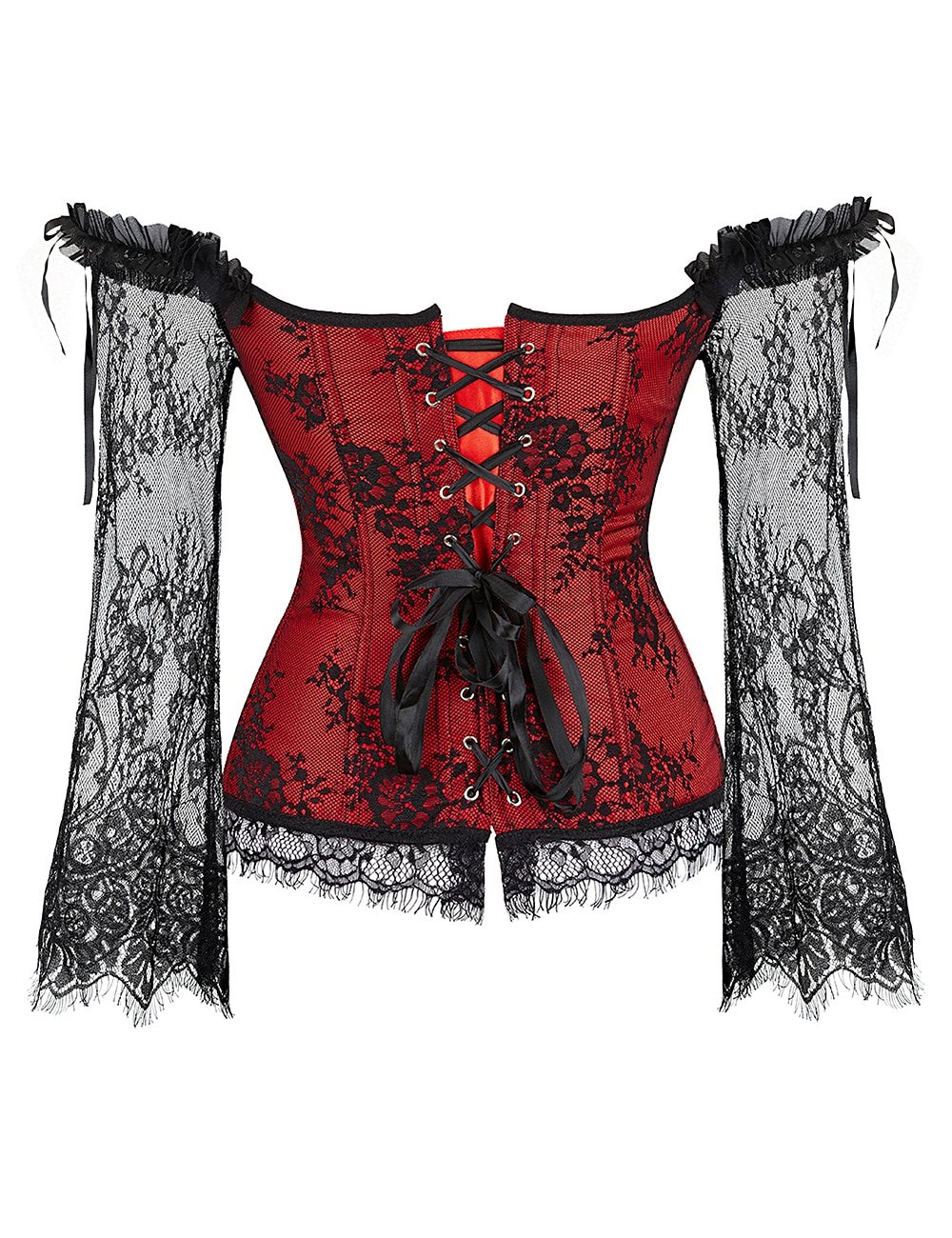 12 Pieces Plastic Bones Sexy Lace Sleeves Stitching Red Corset - Image 3