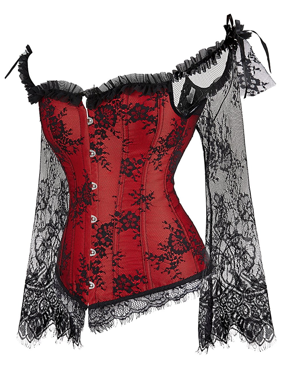 12 Pieces Plastic Bones Sexy Lace Sleeves Stitching Red Corset - Image 2