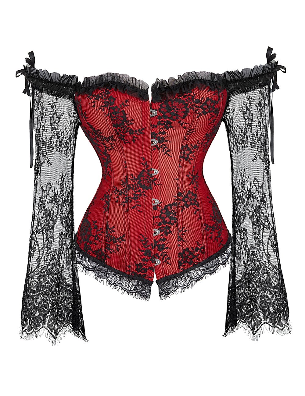 12 Pieces Plastic Bones Sexy Lace Sleeves Stitching Red Corset