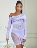 Purple Long-Sleeved One Shoulder Sexy Mesh Bodystocking