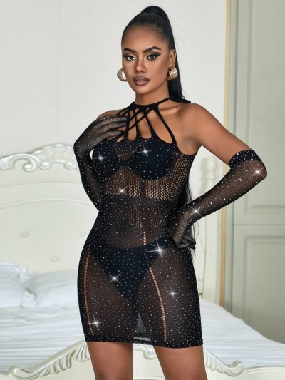 Black Sexy Sparkle Glitter Rhinestone Fishnet Hollow Bodystocking