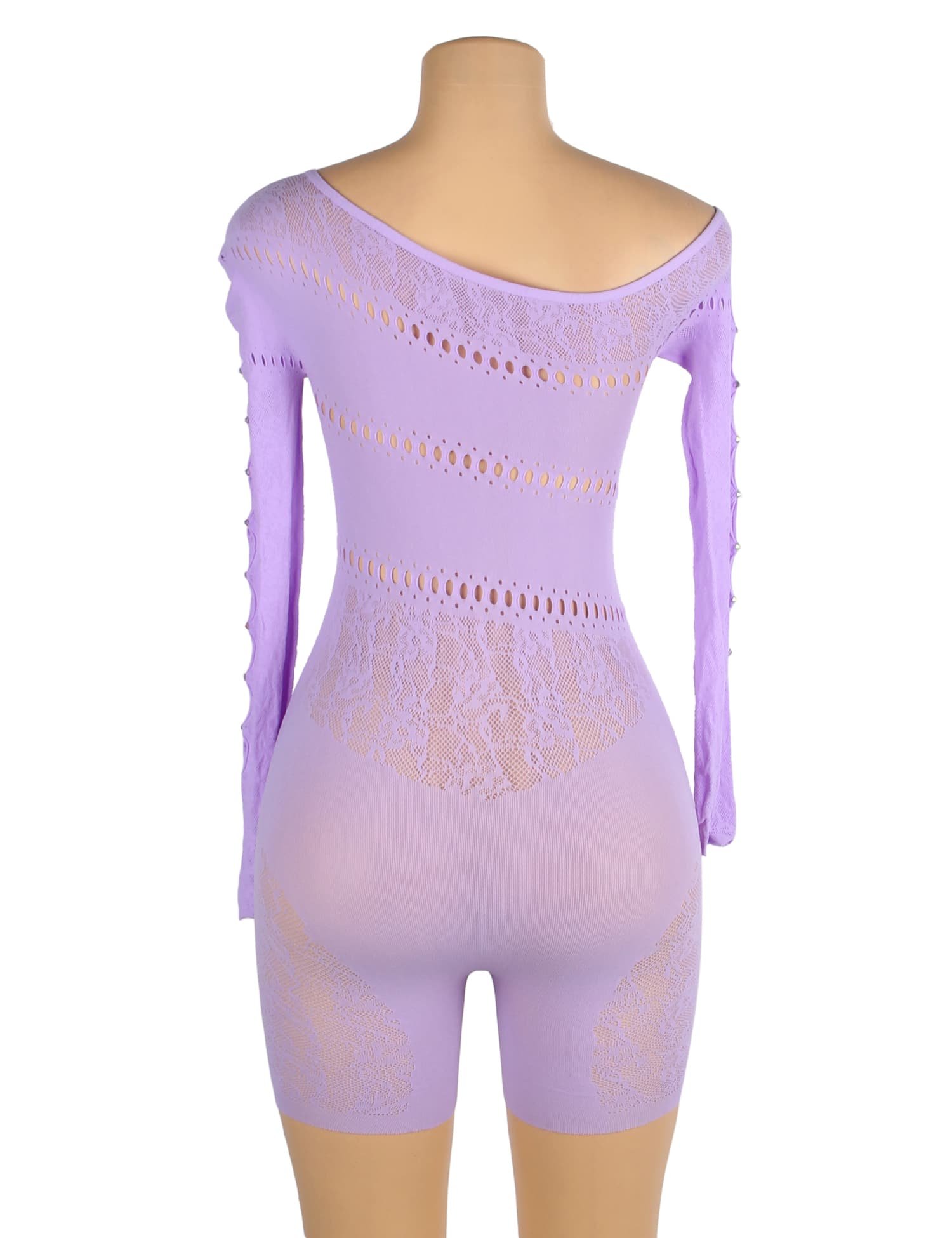Purple Long-Sleeved One Shoulder Sexy Mesh Bodystocking - Image 7