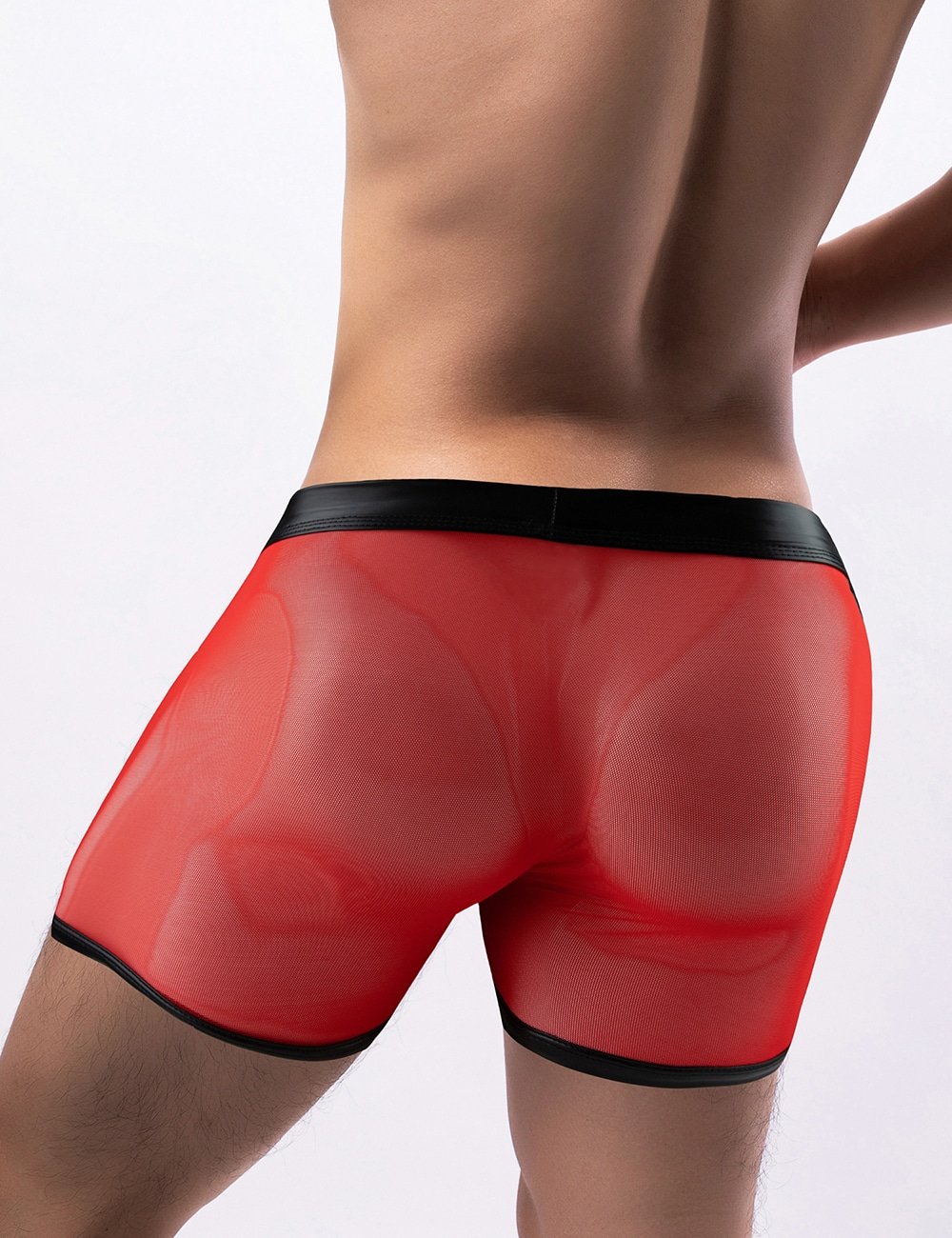 Red Sexy Mesh Openable Crotch Imitation Leather Men's Boxer Underwear - Image 2