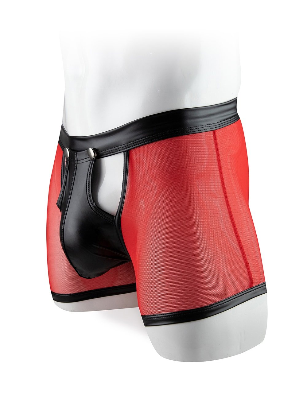 Red Sexy Mesh Openable Crotch Imitation Leather Men's Boxer Underwear - Image 4