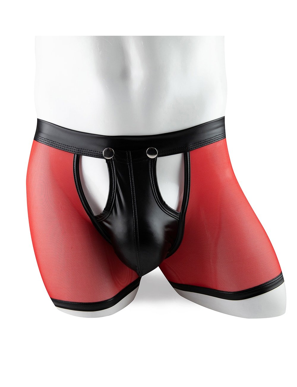 Red Sexy Mesh Openable Crotch Imitation Leather Men's Boxer Underwear - Image 3