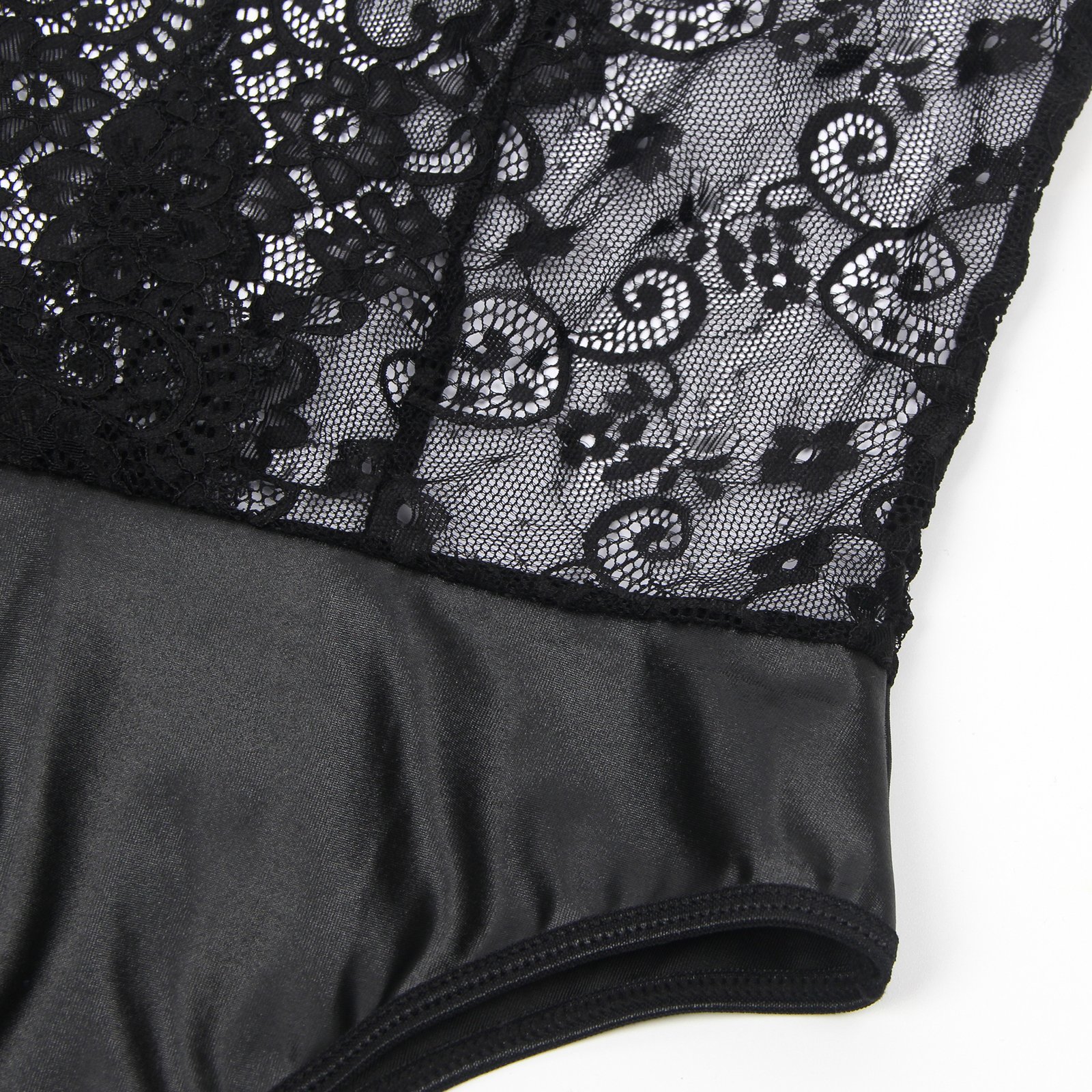 Black Sleeveless Lace Deep V-neck Faux Leather Bodysuit - Image 12