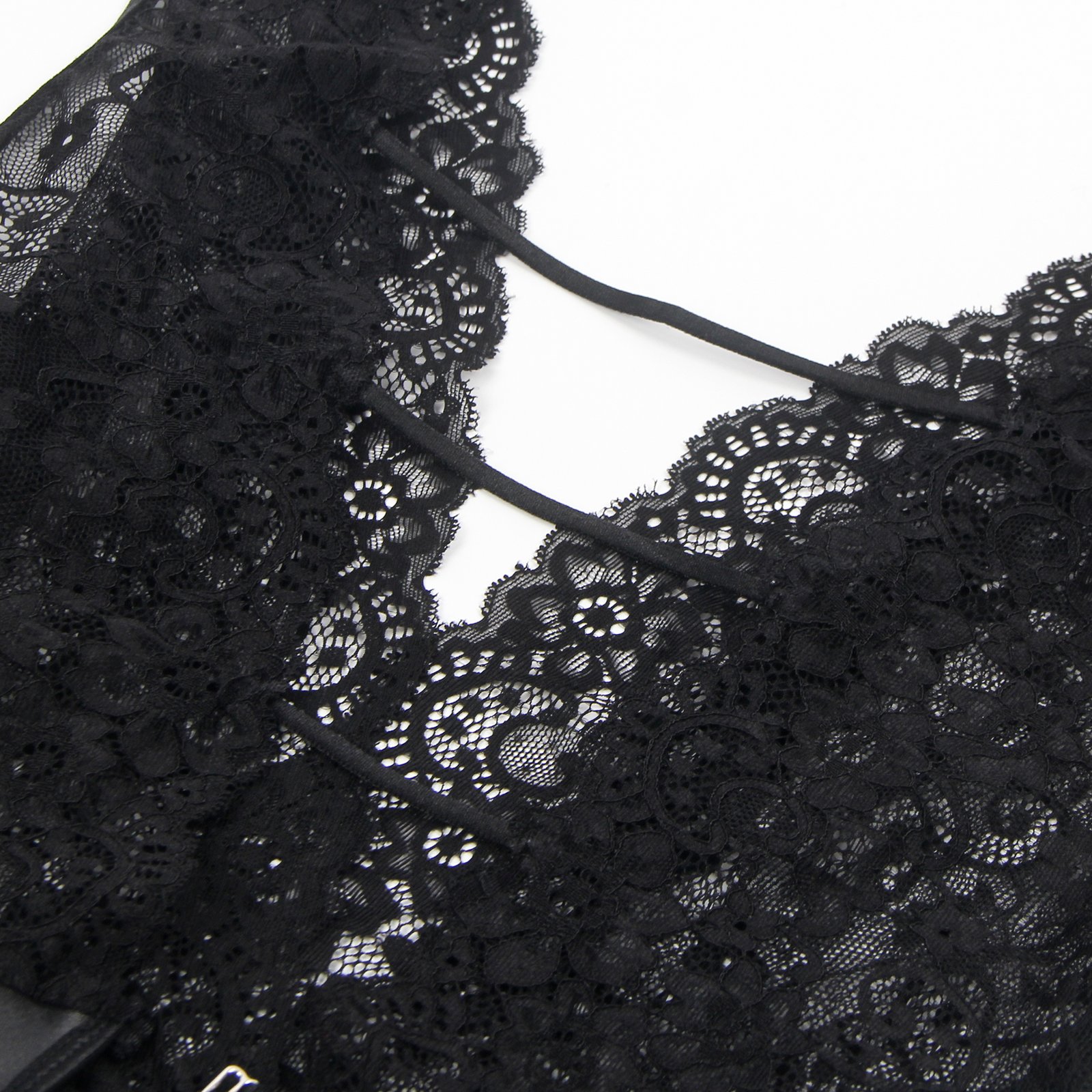 Black Sleeveless Lace Deep V-neck Faux Leather Bodysuit - Image 14