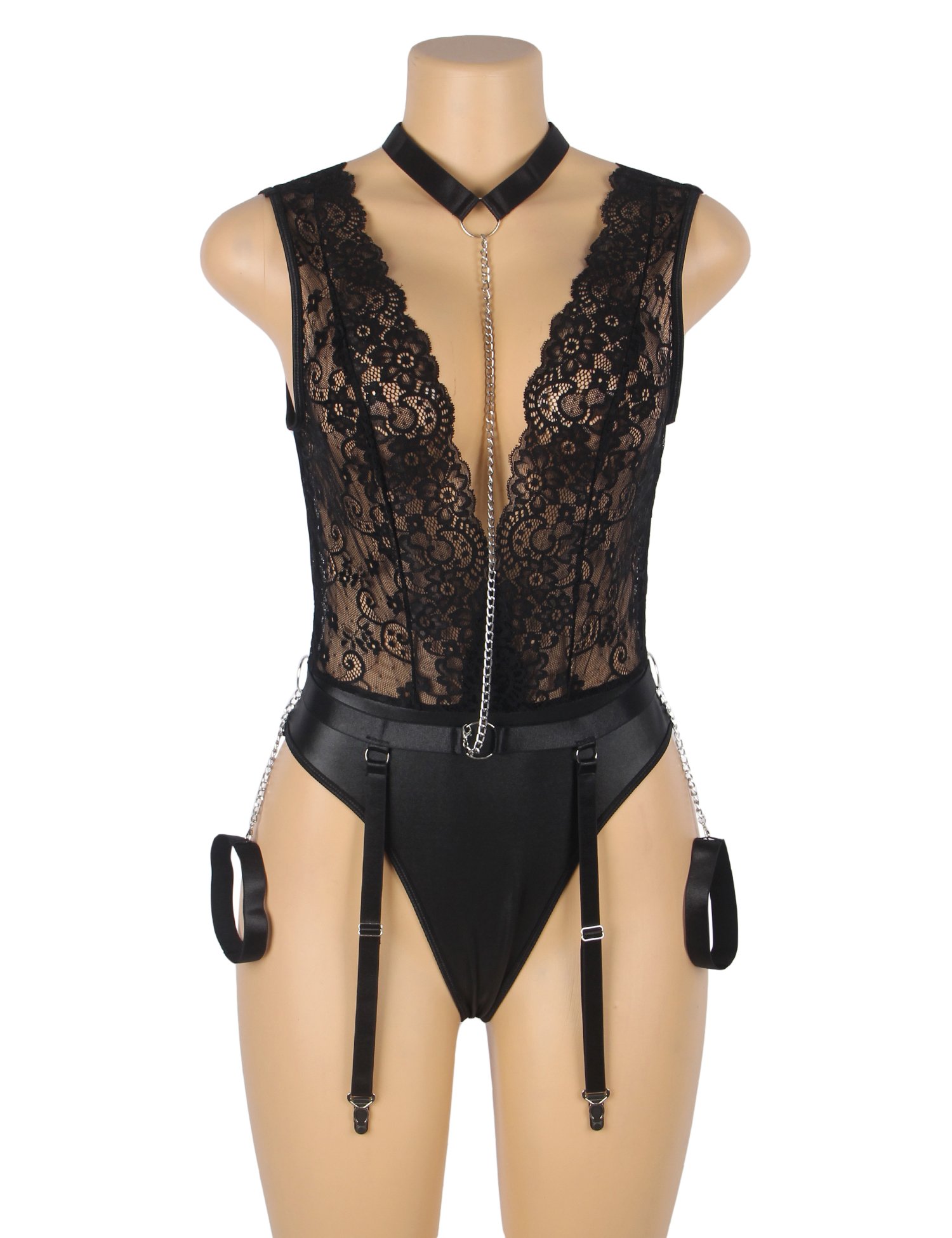 Black Sleeveless Lace Deep V-neck Faux Leather Bodysuit - Image 8