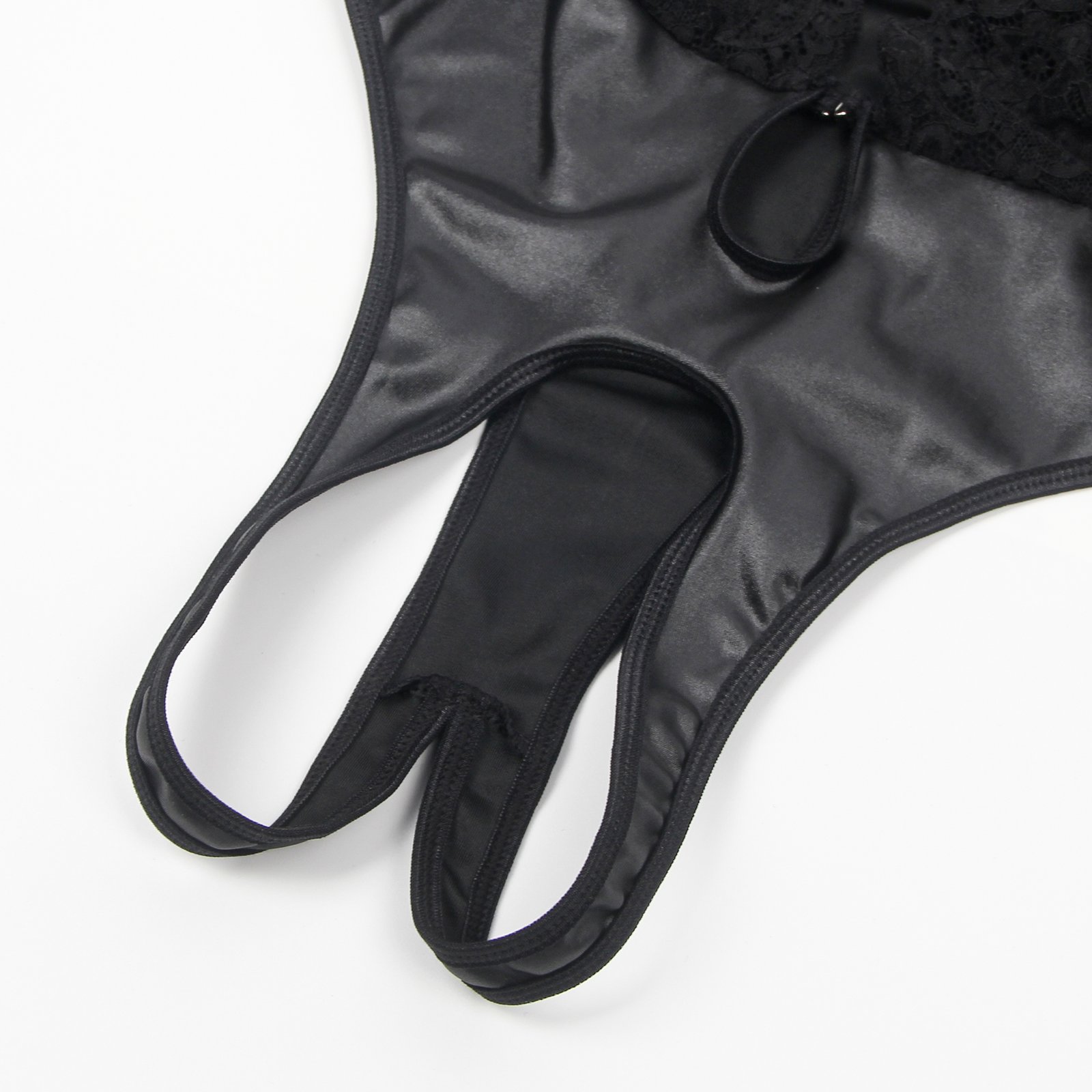 Black Sleeveless Lace Deep V-neck Faux Leather Bodysuit - Image 13