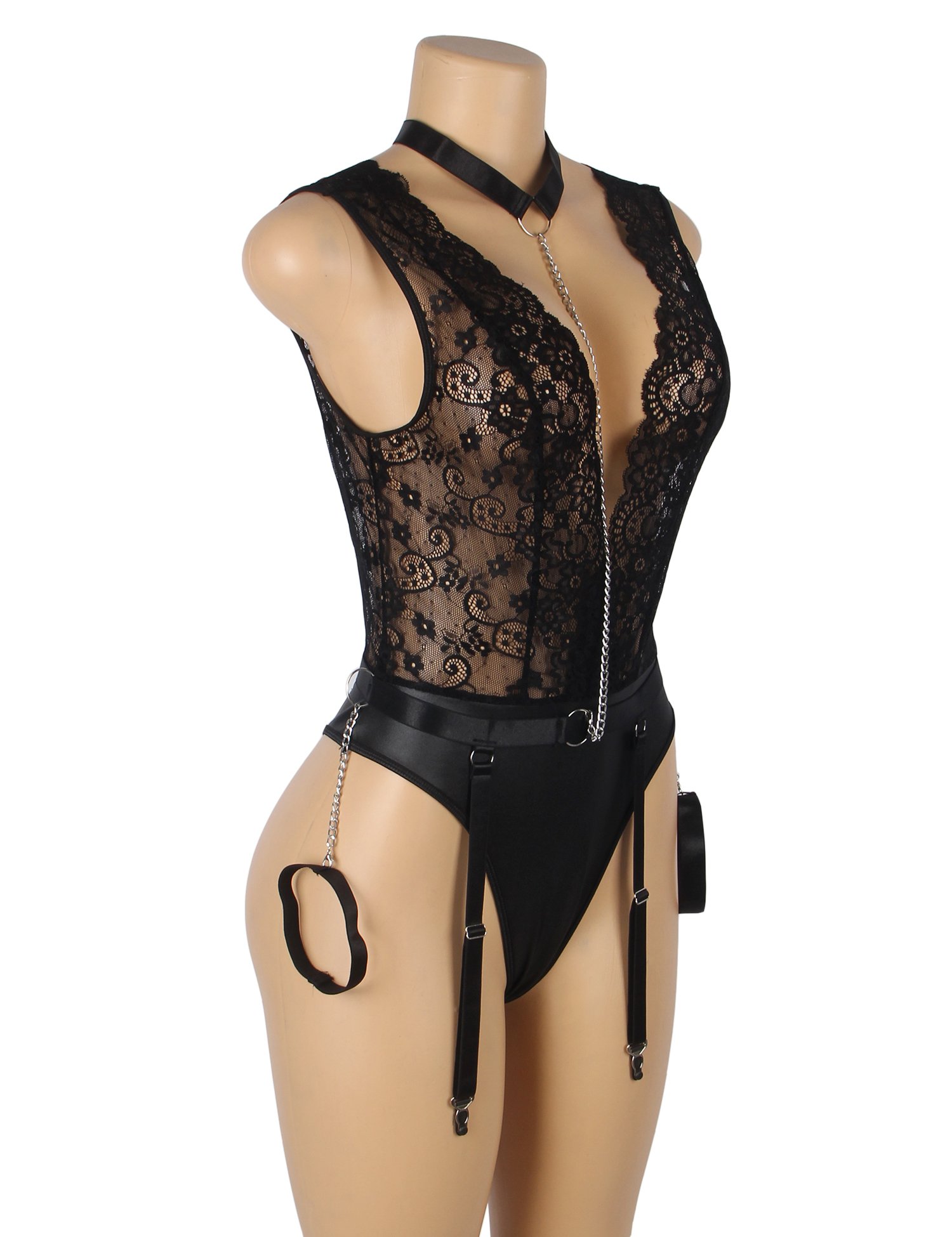 Black Sleeveless Lace Deep V-neck Faux Leather Bodysuit - Image 9