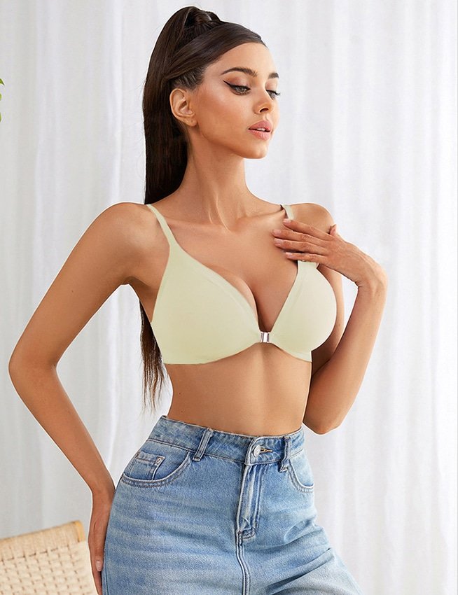 Beige Front Closure Removable Pads Women Seamless Bra