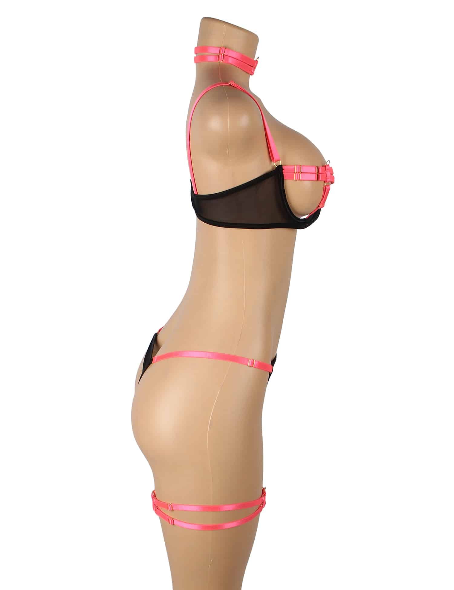 Rose Sexy Hollow Cut Strappy Two-Color Splicing Bra Set - Image 8