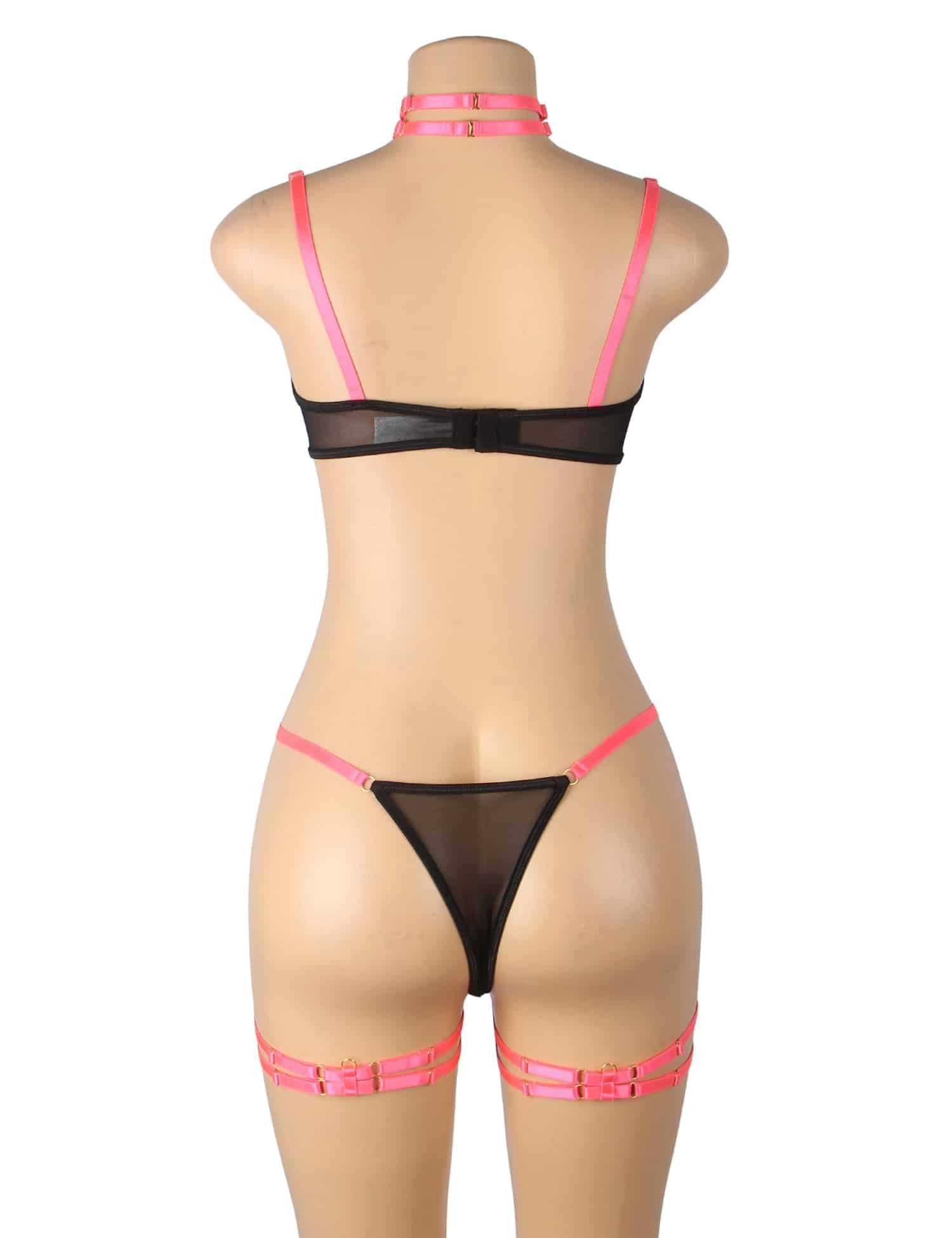 Rose Sexy Hollow Cut Strappy Two-Color Splicing Bra Set - Image 9