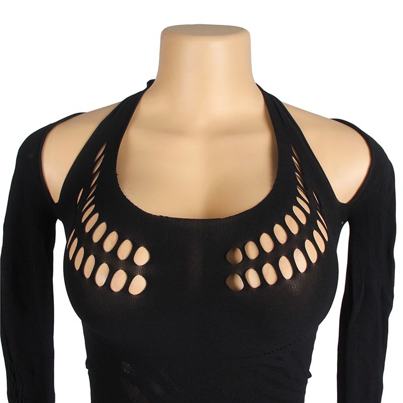 Black Sexy Long Sleeves Hollow Cut Bodystocking Set - Image 9