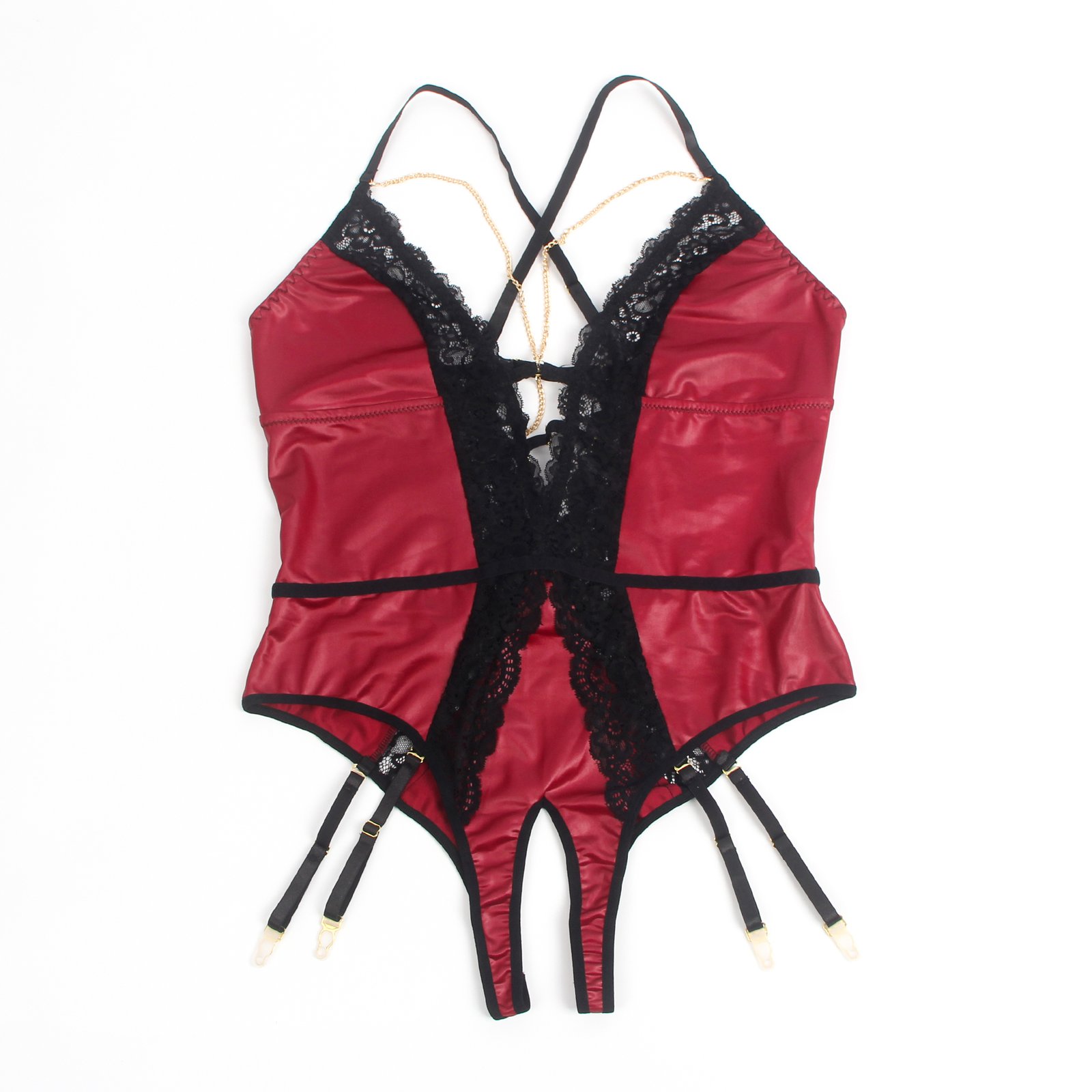 Burgundy Faux Leather Deep V Neck Halter Sexy Teddy - Image 12