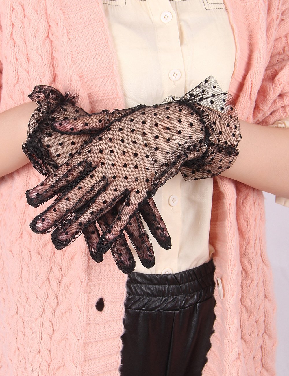Black Sexy Mesh Gloves With Polka Dots