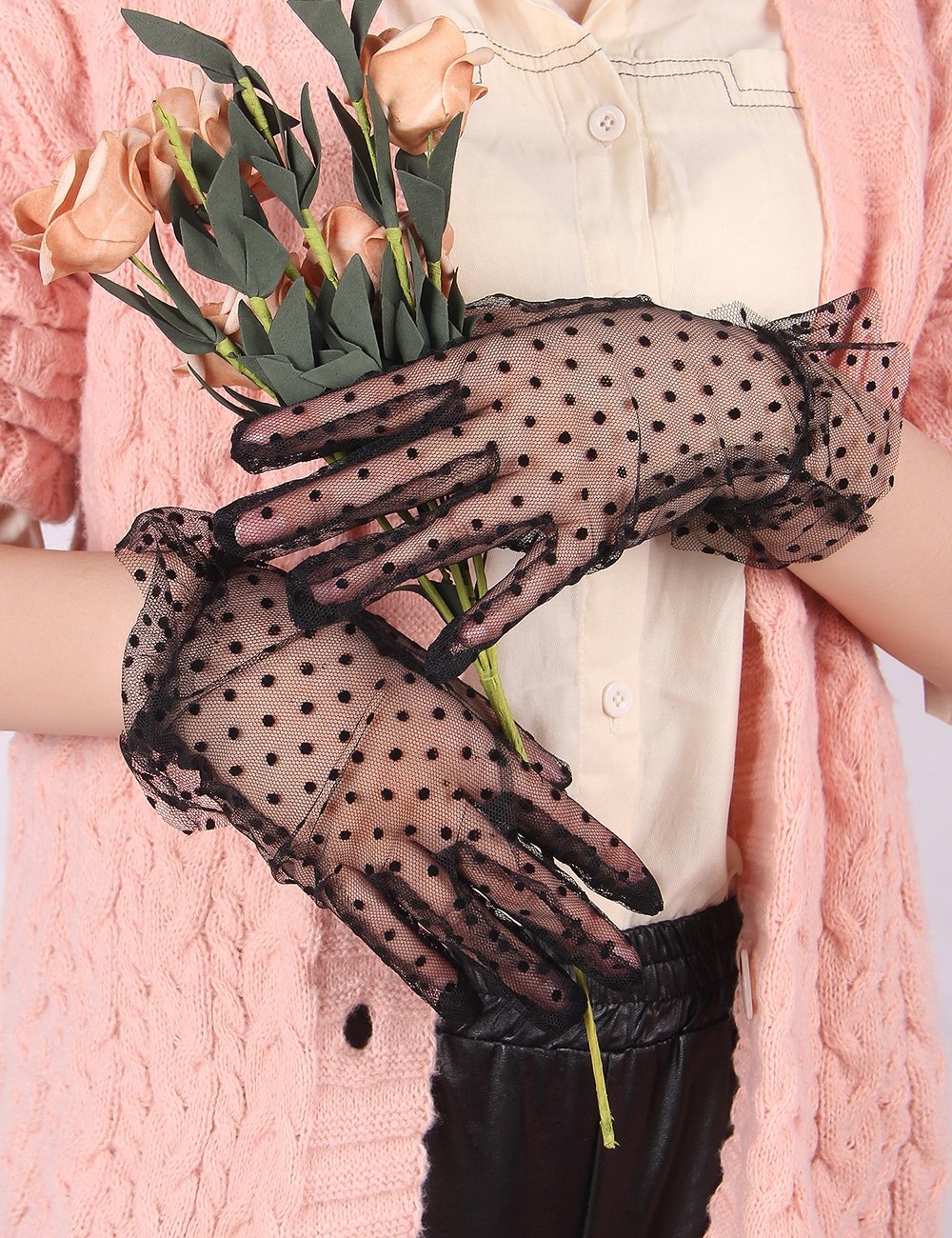 Black Sexy Mesh Gloves With Polka Dots - Image 4