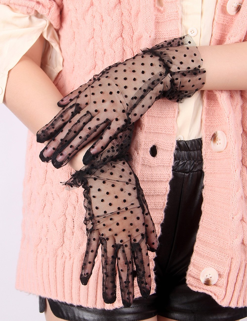 Black Sexy Mesh Gloves With Polka Dots - Image 2
