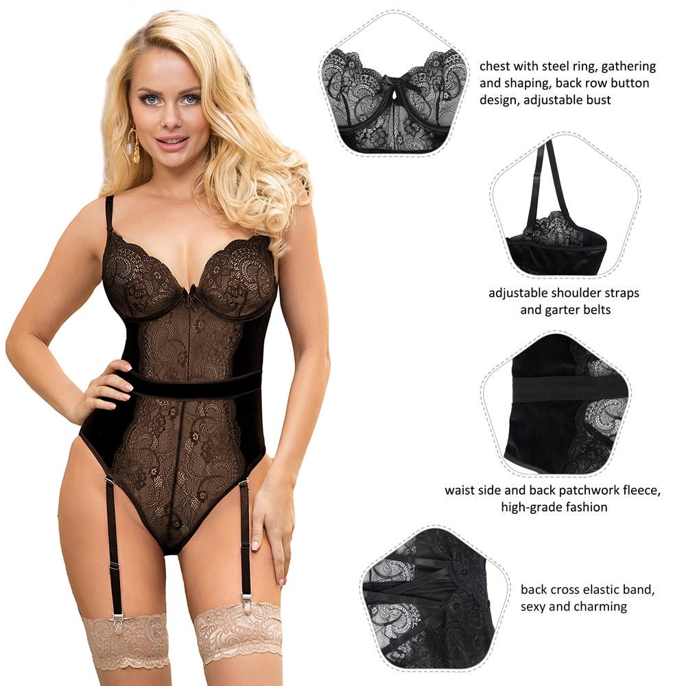 Garter bodysuit With Underwire Sexy Lace Velour Plus Size Lingerie - Image 3