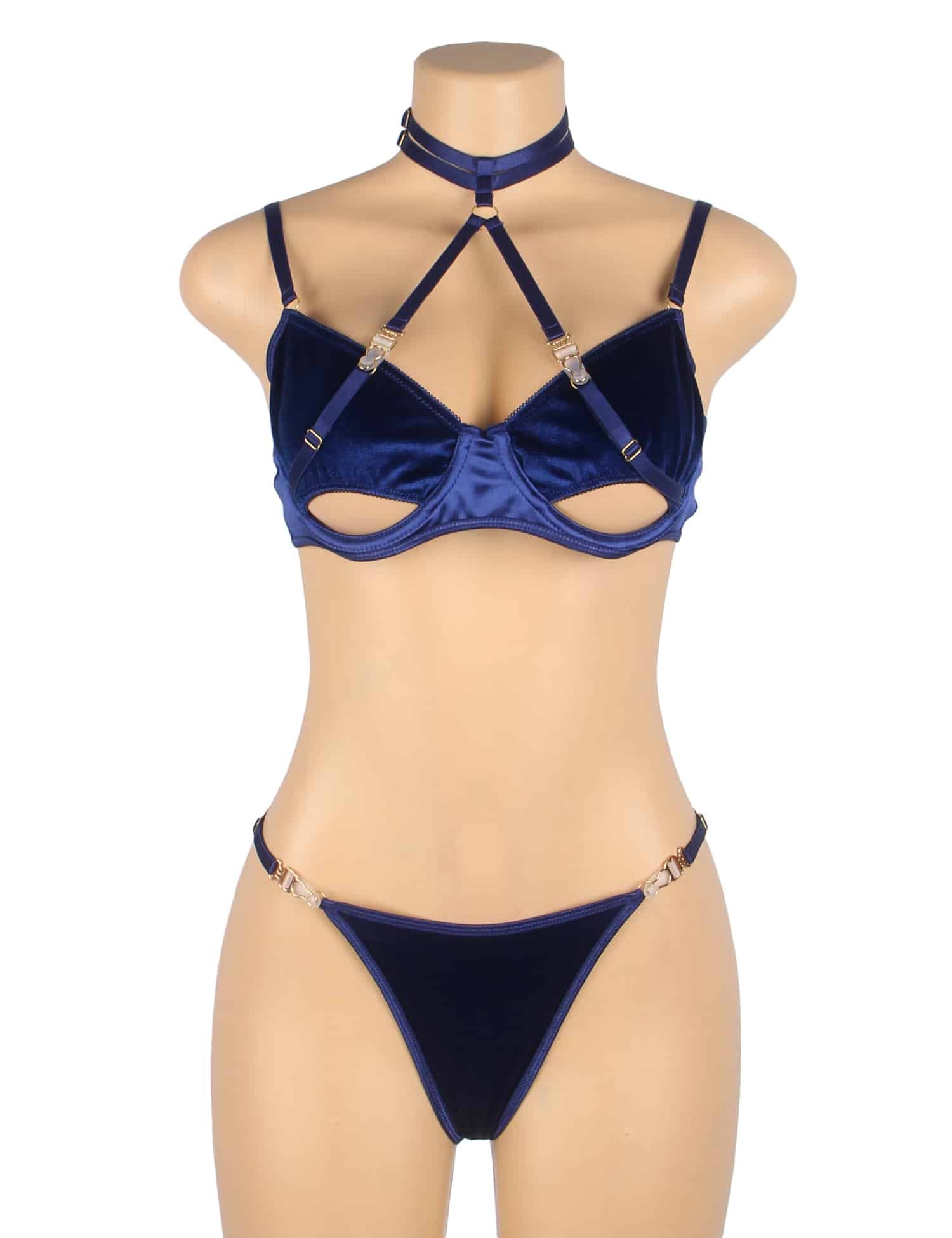 Blue Sexy Velvet Hollow Cut Halter Bra Set - Image 5