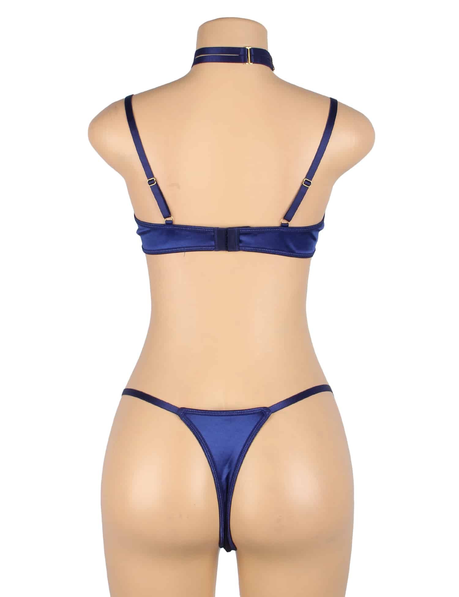 Blue Sexy Velvet Hollow Cut Halter Bra Set - Image 8