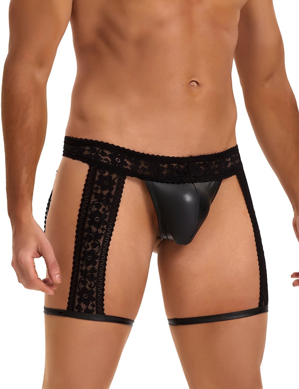 Black Sexy Lace Imitation Leather Men Underwear - Image 2