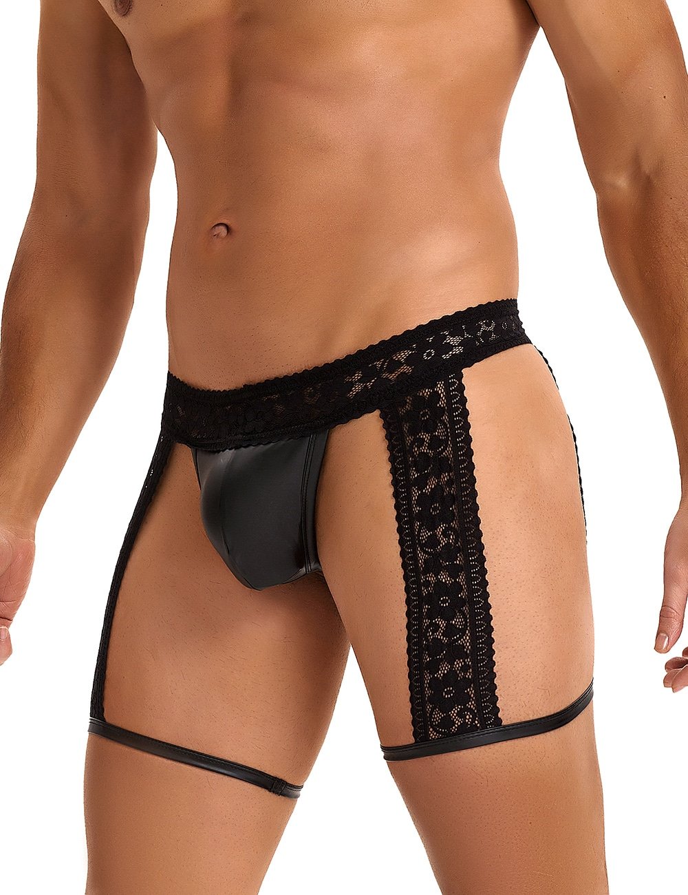 Black Sexy Lace Imitation Leather Men Underwear - Image 4