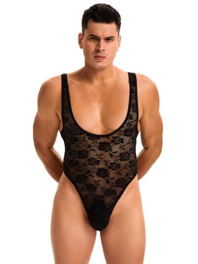 Black Men Sexy Low Cut Lace Bodysuit