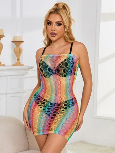 Rainbow Colorful Off Shoulder Fishnet Bodystocking